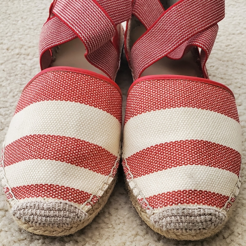 Land's End Red Cream Striped Espadrille Sandals With Ric Rac 9m - Picture 3 of 9